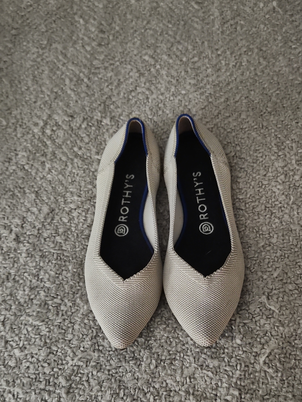 Rothy's Pointed Knit Flats in Cream with Navy Trim